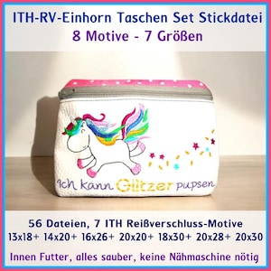 Könnte beinhalten: Eine weiße Reißverschlusstasche mit rosa gepunktetem Futter. Die Tasche zeigt ein gesticktes Einhorn mit einer Regenbogenmähne und einem Regenbogen-Schwanz. Der Text "Ich kann Glitzer pupsen" ist auf die Tasche gestickt. Die Tasche ist Teil eines Sets mit 56 Stickdateien für 7 verschiedene Größen von Reißverschlusstaschen.