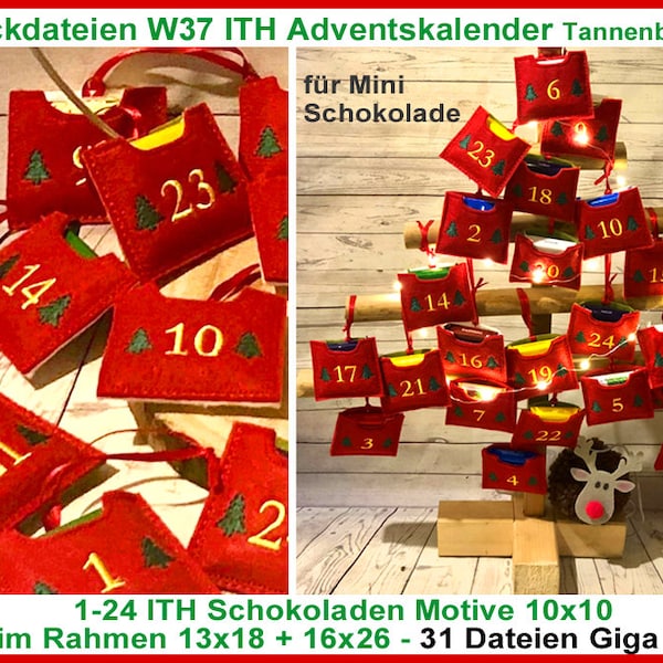 Stickdatei W37 ITH Adventskalender Tannenbaum Schokoladen Hüllen Schoki ITH Kalender rockqueen embroidery