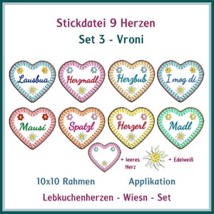 Stickdateien Set Vroni: Süße Lebkuchenherzen für kreative Applikationsprojekte Entdecke 9 einzigartige Designs in 100x86 mm Größe. Bild 1