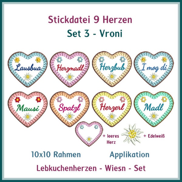 Stickdateien Set Vroni: Süße Lebkuchenherzen für kreative Applikationsprojekte! Entdecke 9 einzigartige Designs in 100x86 mm Größe.