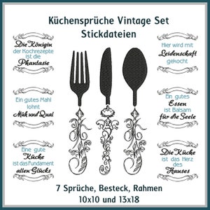 Stickdateien Küchensprüche Vintage Set für Stickrahmen ab der Größe 10x10 Messer Gabel Löffel Esszimmer