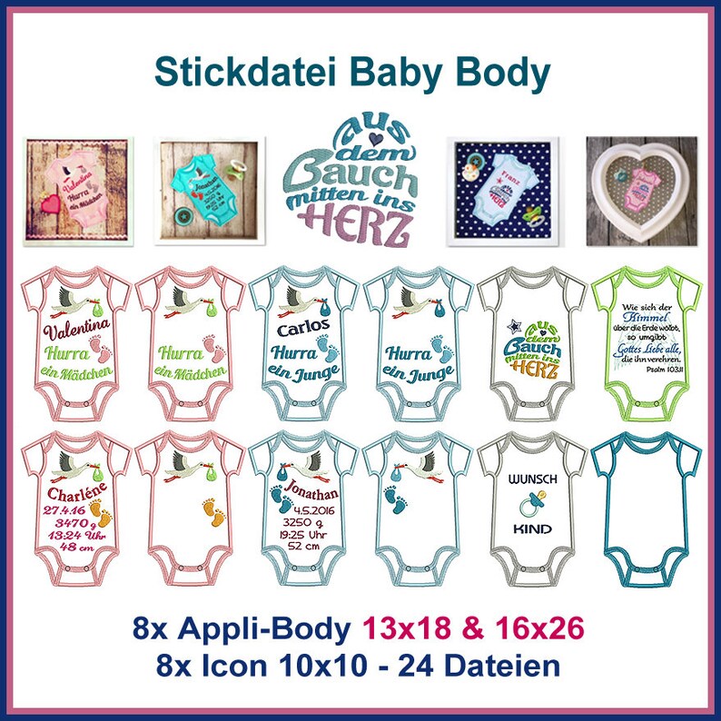 Stickdateien Baby Body Applikation, 24 Dateien, 14 Motive, Bodies für 13x18 & 16x26 Rahmen, Icons ab 10x10, RockQueenEmbroidery Bild 3