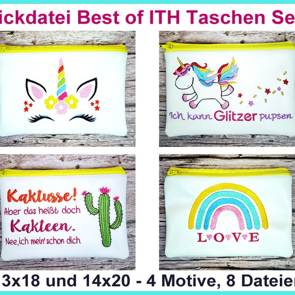 Stickdateien Best of ITH Bag Set 2 Reißverschluss Taschen, Kosmetik Täschchen, Einhorn, Kaktusse Regenbogen ITH Tasche, RockQueenEmbroidery