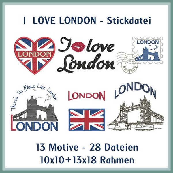 Stickdateien London Love England mit Tower Bridge