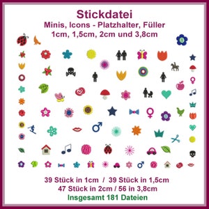 Vielseitige Mini-Stickmuster: 104 Dateien sind super süße Icons und Platzfüller in verschiedenen Größen!