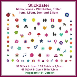 Stickdateien Minis Icons Giga Set 32+8 Motive, 104 Dateien, 10 bis 20mm, ab 10x10, Puschen, viele Blumen, Stern, Auto, RockQueenEmbroidery