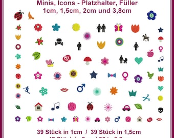 Versatile mini embroidery designs: 104 super cute icons and space fillers in different sizes!