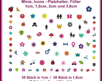 Versatile mini embroidery designs: 104 super cute icons and space fillers in different sizes!