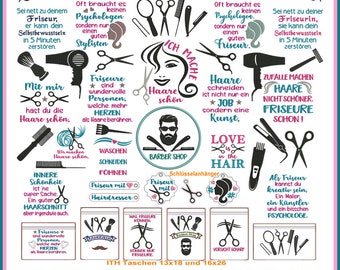 Embroidery file set with versatile hairdresser supplies embroidery patterns for key chains, ITH hairdresser bags for scissors and more!