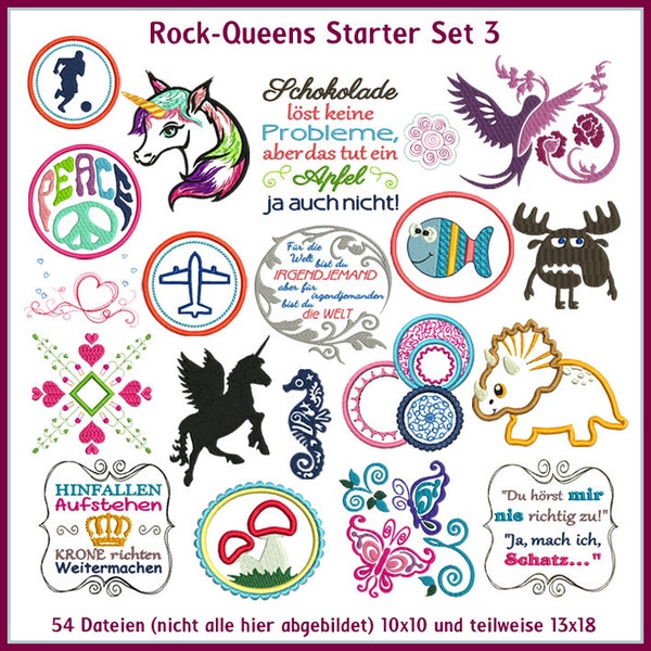 Stickdateien Rock-Queens Starter Set 3 Einhorn, Dino, Fisch, Krone, Schmetterling, Fußball Elch Pegasus embroidery files RockQueenEmbroidery