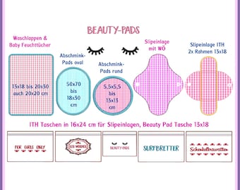 Stickdateien Set Öko Kosmetik Tücher, Abschmink Pads, Hygiene Artikel, Slipeinlagen, Damen Binden Waschlappen ab 10x10