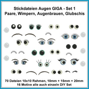 Stickdateien Augen Set 1 Kulleraugen, Wimpern, Augenbrauen, Glubschies, Augenpaare für Kuscheltiere, Puschen, Puppen RockQueenEmbroidery image 1