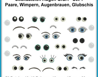 Stickdateien Augen Set 1 Kulleraugen, Wimpern, Augenbrauen, Glubschies, Augenpaare für Kuscheltiere, Puschen, Puppen RockQueenEmbroidery