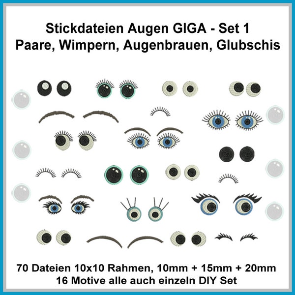 Stickdateien Augen Set 1 Kulleraugen, Wimpern, Augenbrauen, Glubschies, Augenpaare für Kuscheltiere, Puschen, Puppen RockQueenEmbroidery