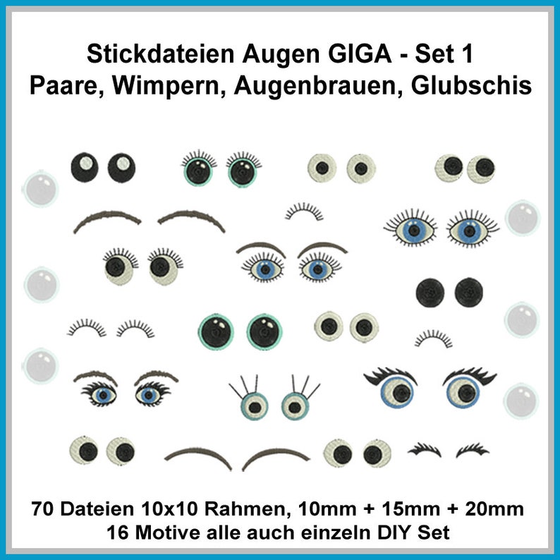 Stickdateien Augen Set 1 Kulleraugen, Wimpern, Augenbrauen, Glubschies, Augenpaare für Kuscheltiere, Puschen, Puppen RockQueenEmbroidery image 1