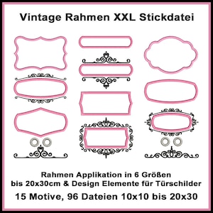 Könnte beinhalten: Ein Set mit 15 Vintage-Rahmen-Stickdateien in 6 Größen von 10x10 bis 20x30 cm. Die Designs verfügen über verzierte schwarze und weiße Details und rosa Umrisse. Die Designs eignen sich perfekt für die Erstellung personalisierter Türschilder oder anderer dekorativer Projekte.