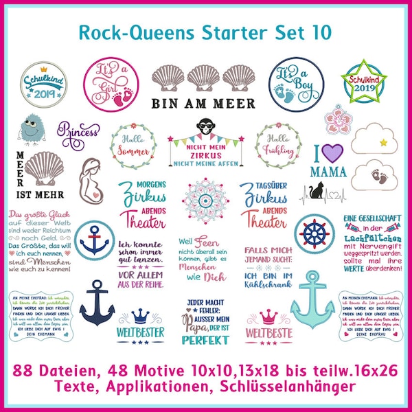 Stickdateien Rock-Queens Starter Set 10 Set Schulkind, Muschel, Monster, Meer, Frühling, Sommer, Anker, Zirkus, Affen RockQueenEmbroidery