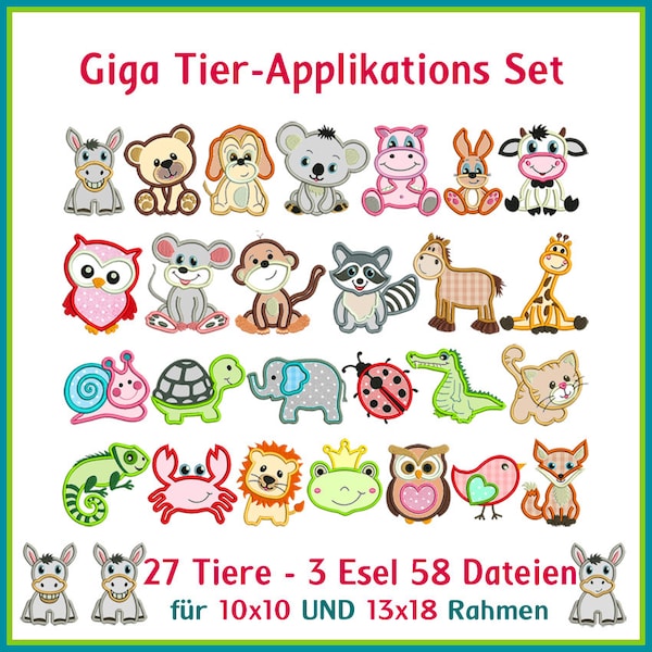 Stickdateien Tier Applis 58 Dateien Tiere  Applikationen Stickmuster Löwe, Hund, Katze, Elefant, Eule RockQueenEmbroidery