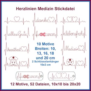 Stickdateien Herzlinien Medizin Krankenschwester Arzt Gute Besserung alles gute Set 52 Dateien, 12 Motive, ab 10x10 RockQueenEmbroidery