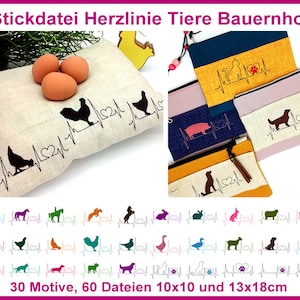 May include: A set of 30 embroidery designs featuring farm animals with heartbeats. The designs are available in two sizes: 10x10 cm and 13x18 cm. The designs are shown on a variety of fabric backgrounds, including yellow, pink, blue, and green.