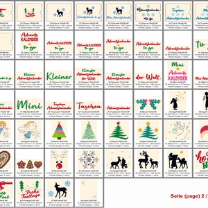 May include: A collection of 24 digital embroidery designs for Christmas advent calendars. The designs feature various themes, including mini advent calendars, advent calendars to go, and advent calendars with different sizes and styles. The designs are in black and white, with some featuring red and green accents.