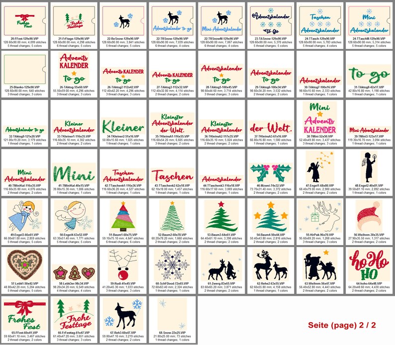 May include: A collection of 24 digital embroidery designs for Christmas advent calendars. The designs feature various themes, including mini advent calendars, advent calendars to go, and advent calendars with different sizes and styles. The designs are in black and white, with some featuring red and green accents.