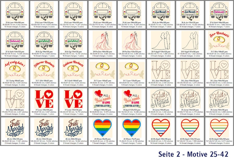 39 romantische Hochzeits Stickdateien: Eheringe, Brautpaare inklusive Regenbogenmotive. Perfekt für 10x10 cm und 13x18 cm Stickrahmen. Bild 3