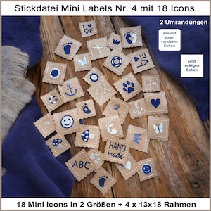 Könnte beinhalten: Ein Set mit 18 Mini-Etiketten mit verschiedenen Icons, darunter ein Herz, ein Anker, ein Schmetterling und ein Pfotenabdruck. Die Etiketten sind aus braunem Papier mit weißen Nähten und blauen Icons. Die Etiketten sind auf einer Holzoberfläche angeordnet.