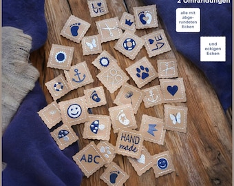 Stickdateien Mini Labels Nr. 4 Aufnäher Patches mit 18 Icons Minis für den 10x10 Rahmen. So wird jedes genähte Teil ein Unikat.