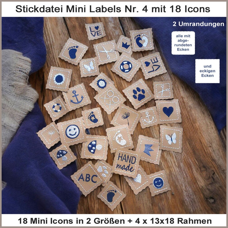 Stickdateien Mini Labels Nr. 4 Aufnäher Patches mit 18 Icons Minis für den 10x10 Rahmen. So wird jedes genähte Teil ein Unikat. Bild 1