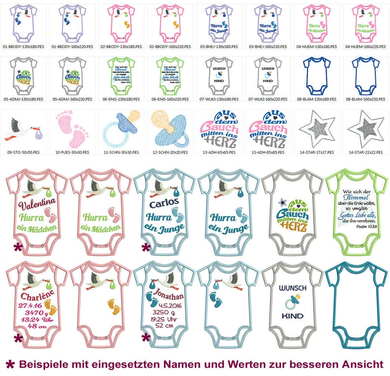 Stickdateien Baby Body Applikation, 24 Dateien, 14 Motive, Bodies für 13x18 & 16x26 Rahmen, Icons ab 10x10, RockQueenEmbroidery Bild 4