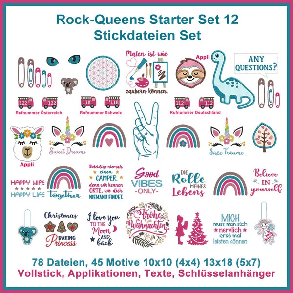 Stickdateien Rock-Queens Starter Set 12 Vollstick, Text, Applikationen Faultier, Dino, Regenbogen 10x10, 13x18 RockQueenEmbroidery