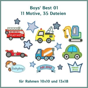 Stickdateien Boys Best 1 Applikation schon ab 10x10 Rahmen. Feuerwehr, Rennauto, Bagger, Stern, Krone, Auto, Kran,11 Motive alles dabei. Bild 1