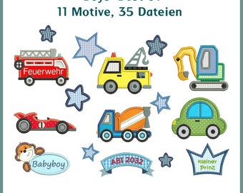 Stickdateien Boys Best 1 Applikation schon ab 10x10 Rahmen. Feuerwehr, Rennauto, Bagger, Stern, Krone, Auto, Kran,11 Motive alles dabei.