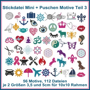 Embroidery file set with mini motifs for slippers, slippers, and small projects. 56 adorable motifs in two sizes