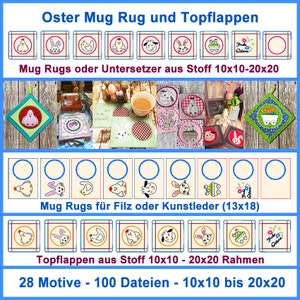 Stickdateien Oster Mug Rug Topflappen ITH Untersetzer Deckchen Mugrug in the hoop RockQueenEmbroidery