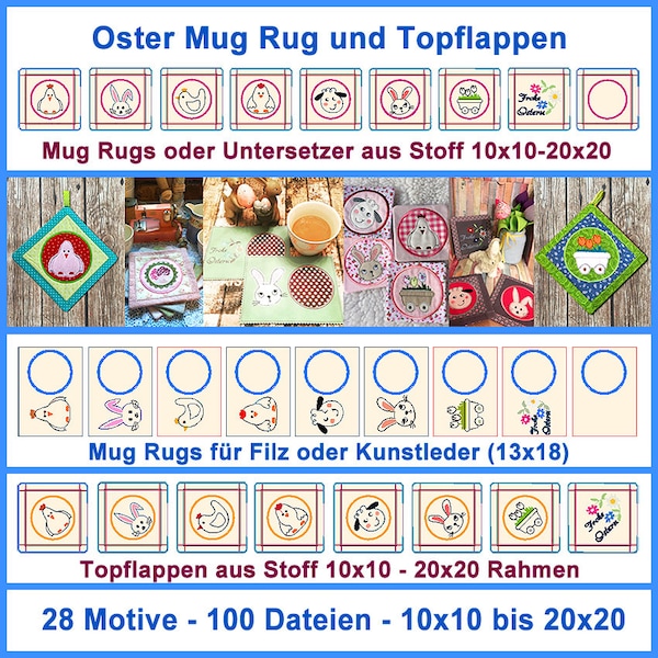 Stickdateien Oster Mug Rug Topflappen ITH Untersetzer Deckchen Mugrug in the hoop RockQueenEmbroidery