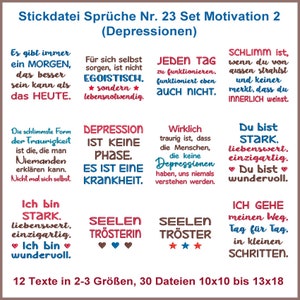 Könnte beinhalten: Ein digitales Design-Set mit 12 deutschen Motivationszitaten zum Thema Depression. Der Text enthält Sätze wie „Du bist stark“ und „Es ist ein neuer Tag“. Das Set enthält 30 Dateien in verschiedenen Größen, ideal zum Basteln.