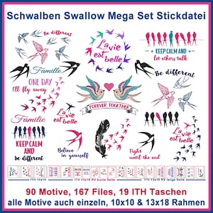 Embroidery files Swallows Mega Set 167 files, from 10x10 frame, birds, summer, ITH bags, RockQueenEmbroidery