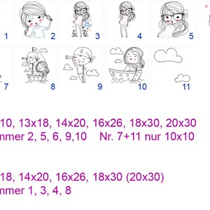 Stickdateien Girlie Cute Doodles, Boot Katze Mädchen Junge, Strichzeichnung Cute Girls, Linienstickerei embroidery files RockQueenEmbroidery immagine 2