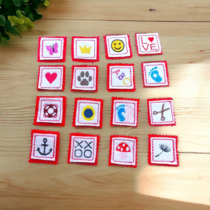 Stickdateien Mini Labels Nr. 4 Aufnäher Patches mit 18 Icons Minis für den 10x10 Rahmen. So wird jedes genähte Teil ein Unikat. Bild 3