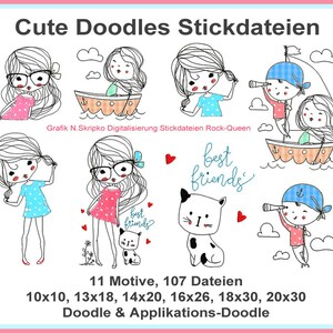 Stickdateien Girlie Cute Doodles, Boot Katze Mädchen Junge, Strichzeichnung Cute Girls, Linienstickerei embroidery files RockQueenEmbroidery immagine 1