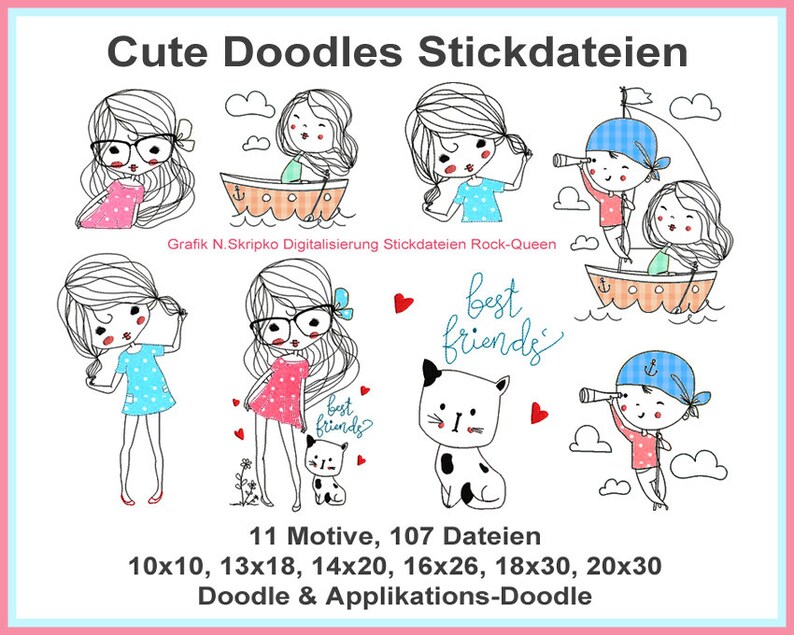 Stickdateien Girlie Cute Doodles, Boot Katze Mädchen Junge, Strichzeichnung Cute Girls, Linienstickerei embroidery files RockQueenEmbroidery immagine 1