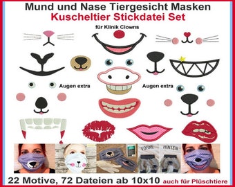 Stickdateien Augen Mund Nase Maske Plüschtier Kuscheltier, Puschen Tiergesicht Comic