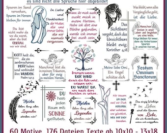 Mourning sayings embroidery files mega set: artistic mourning texts and symbols for sensitive projects.