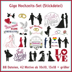 39 romantische Hochzeits Stickdateien: Eheringe, Brautpaare inklusive Regenbogenmotive. Perfekt für 10x10 cm und 13x18 cm Stickrahmen. Bild 1