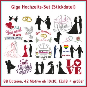 Stickdatei romantische Hochzeit mit Eheringen, Brautpaaren, Hochzeits Auto bis Regenbogenmotive. Perfekt für 10x10 cm und 13x18 cm