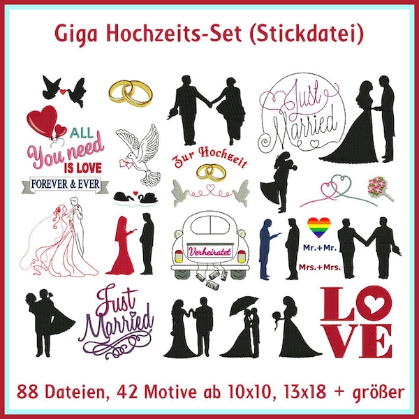 39 romantische Hochzeits Stickdateien: Eheringe, Brautpaare inklusive Regenbogenmotive. Perfekt für 10x10 cm und 13x18 cm Stickrahmen.