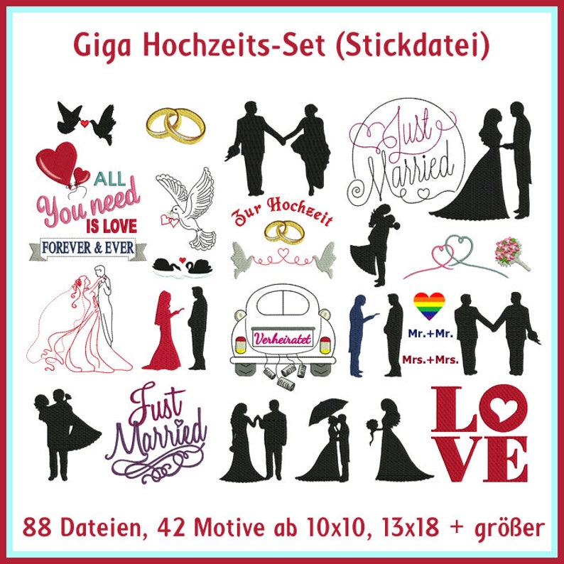 39 romantische Hochzeits Stickdateien: Eheringe, Brautpaare inklusive Regenbogenmotive. Perfekt für 10x10 cm und 13x18 cm Stickrahmen. Bild 1