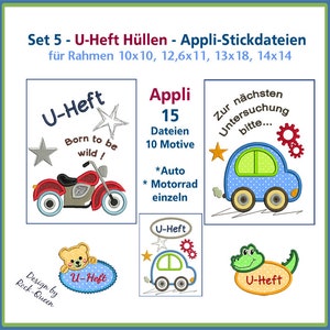 Stickdateien U-Heft Hüllen Nr. 5 UHeft Untersuchungsheft Mutterpass Auto Bär Krokodil Stickmuster Motorrad Applikation RockQueenEmbroidery